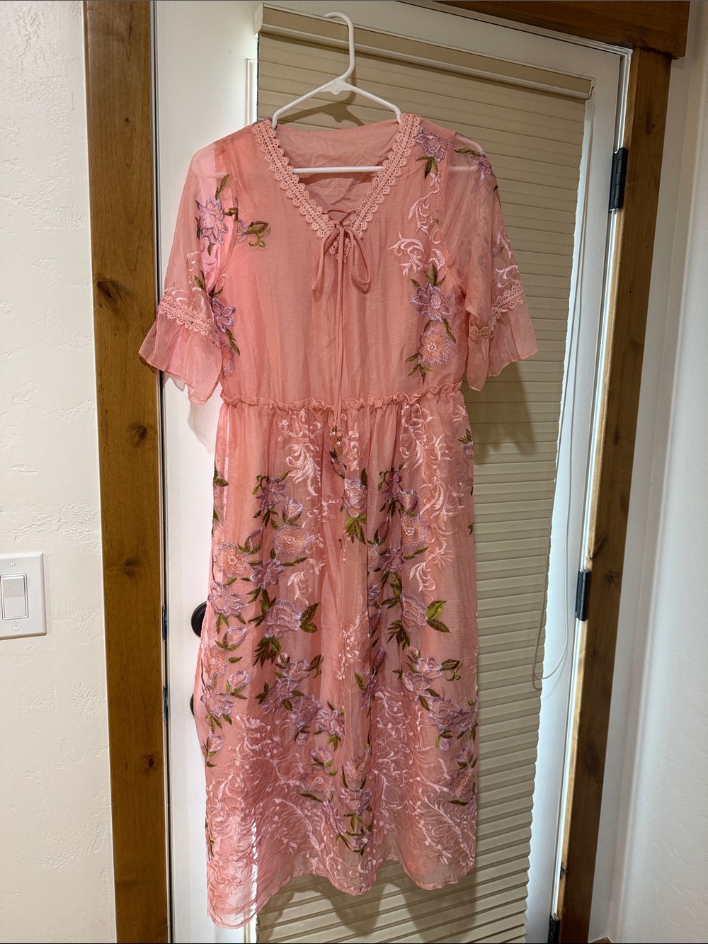 Pink Floral Embroidered Midi Dress